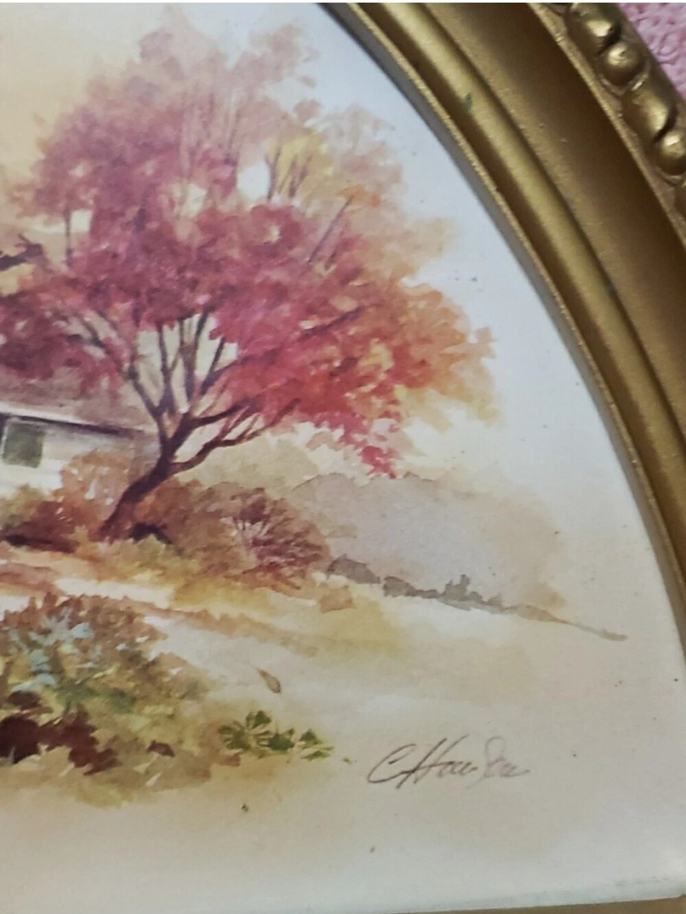 Vtg 1984 Homco Fan Shaped Framed Wall Art Autumn Country USA Homestead Bow Gold - Picture 4 of 8